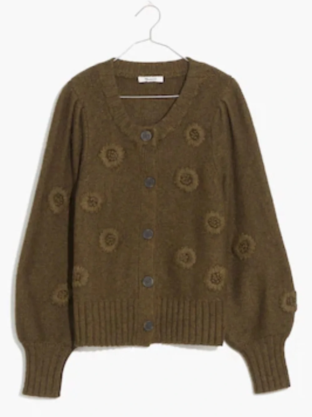 Madewell Embroidered Edencroft Pleat-Sleeve Cardigan Sweater heathered green  SM